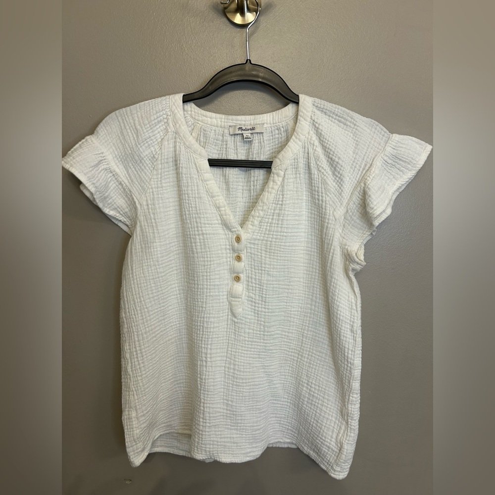 Madewell white Lightspun Ruffle-Sleeve Henley Top 100% cotton size xs